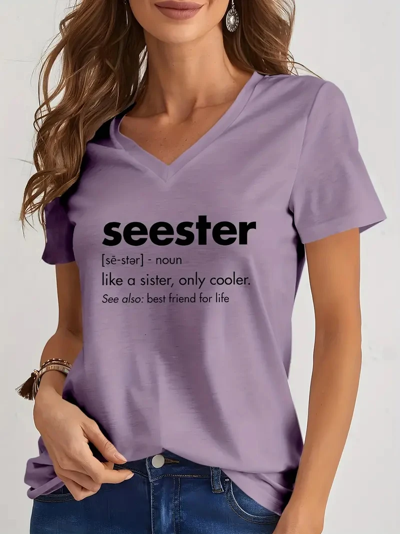 Funny Letter Print T Shirt For Women Casual V-neck Short Sleeve Tops Fashion Loose Female Clothing Summer Comfortable Girl Tees