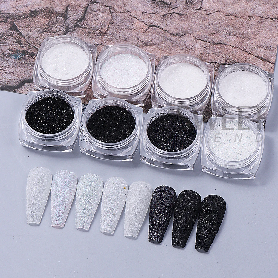 8 colores negro blanco brillo de uñas polvo de inmersión pigmento brillante polvo láser azúcar arte de uñas lentejuelas brillos decoraciones de manicura