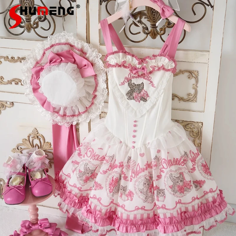 

Original Lolita Style Retro Suspender Dress Jsk Sweet Girls Cute Print Embroidered Kawaii Mini Princess Dress Summer Dress