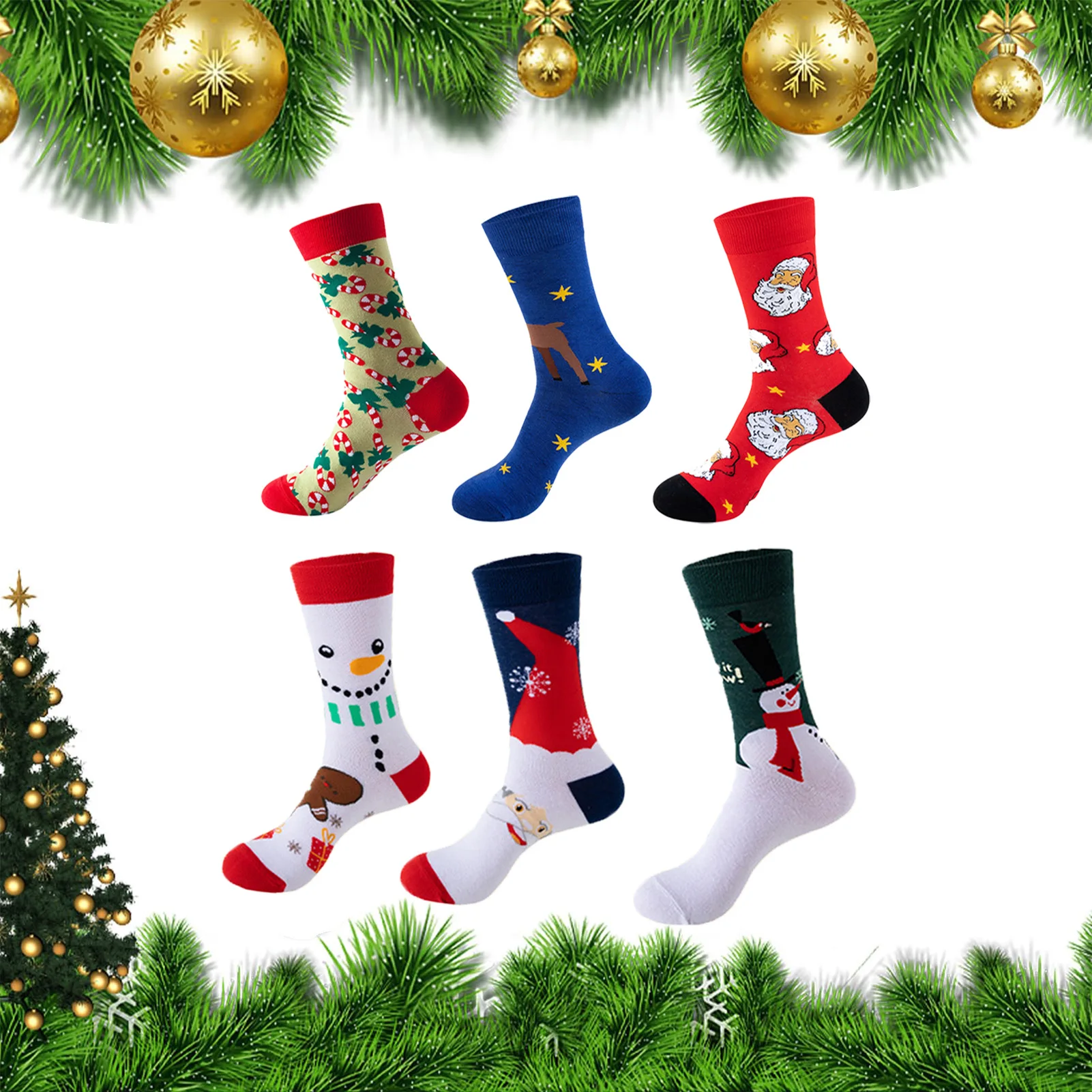 

6Pairs Christmas Socks Set Unisex Cotton Mid-crew Party Calf-length Socks With Festive Patterns Sweat Absorbing All Season Wear