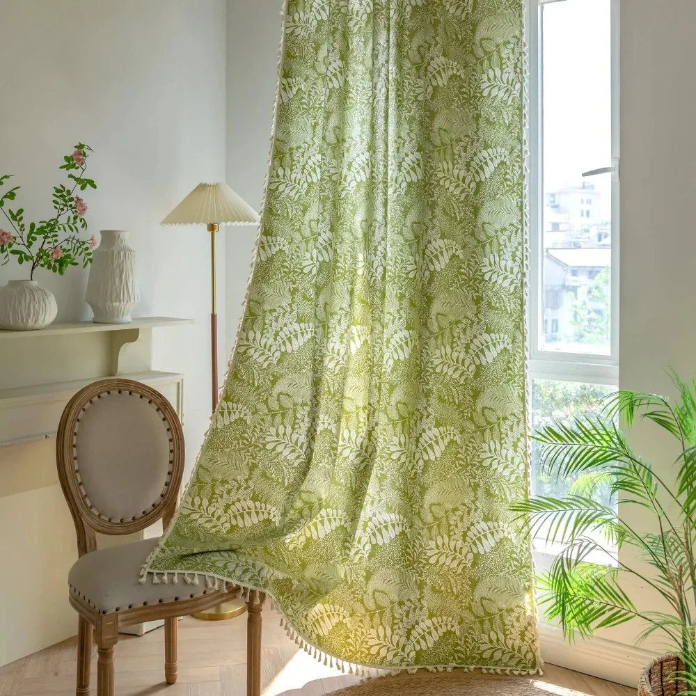 

Curtains 1 Panel Green Botanical Leaves Curtains, Printed Cotton Linen Rod Pocket Rustic Farmhouse Tassels Curtain