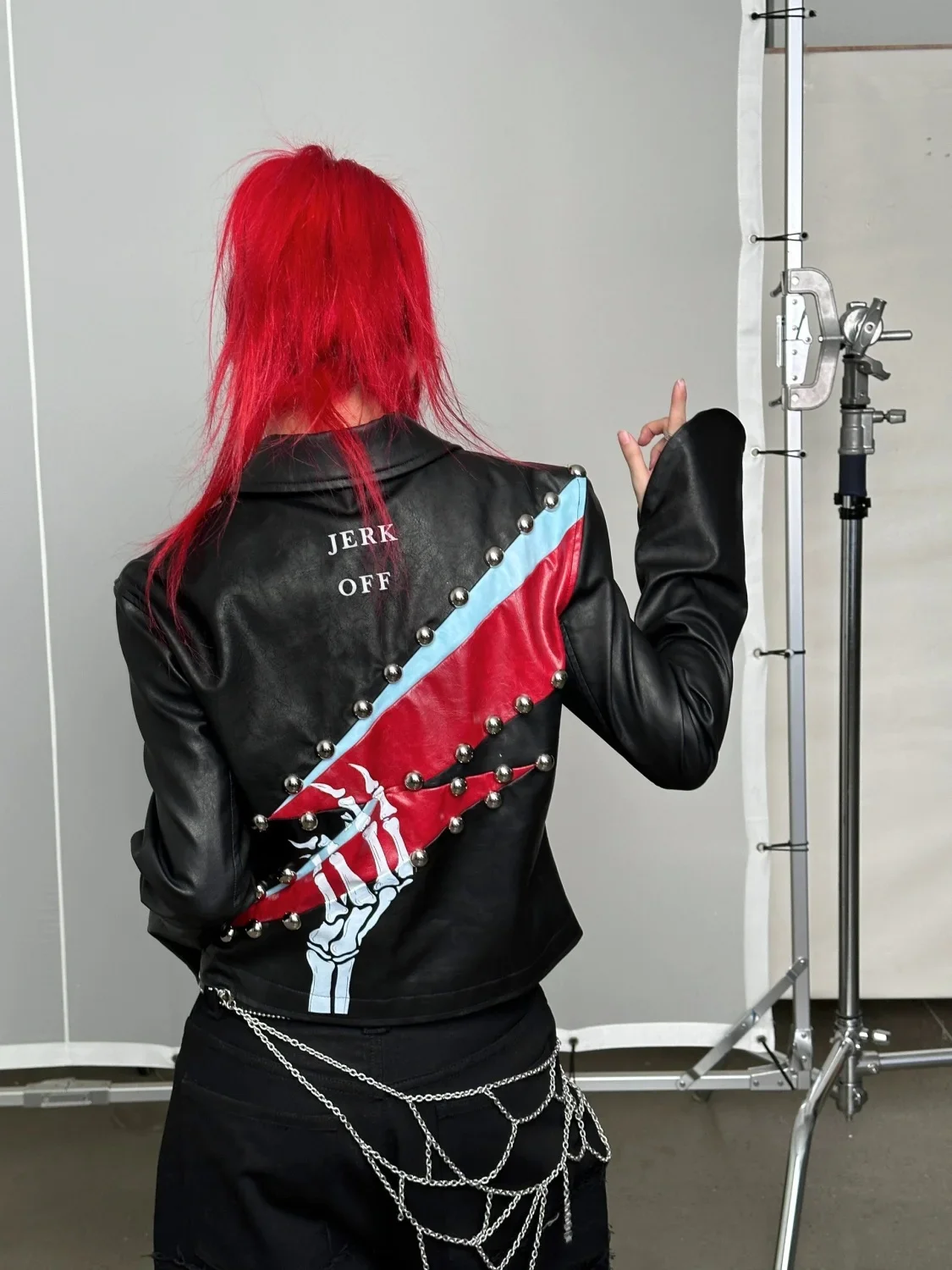 Heavy Industry Printed Piece Contrast Splicing Horn Sleeve Leather Jacket Slim Design Coat winter clothes women harajuku coats
