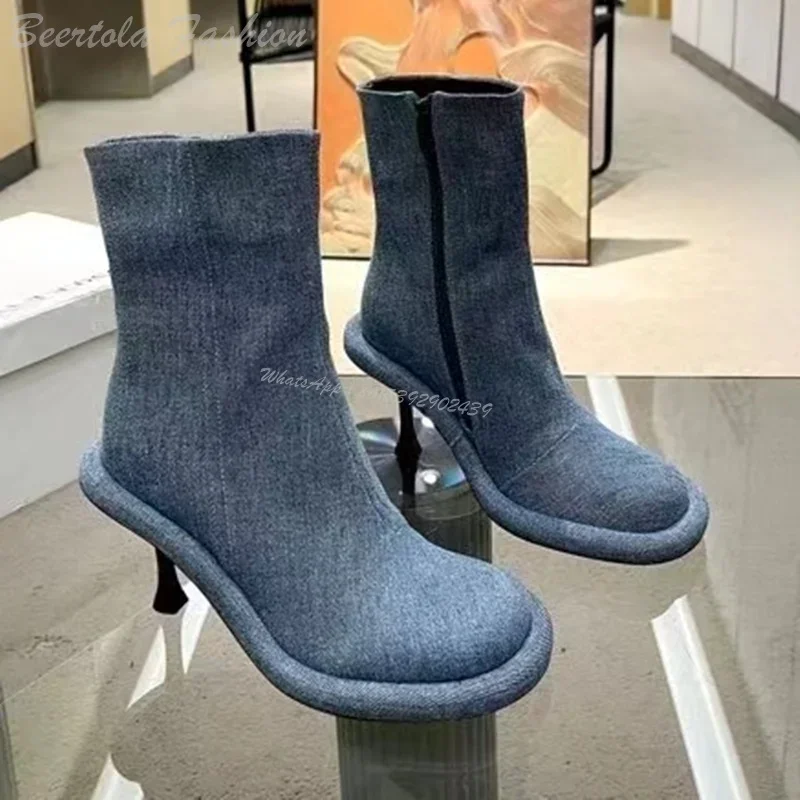 

Women Blue Denim Large Stiletto Boots Black Leather Vintage Round Ankle Calf Booties Casual Dress Gray Knee Long Winter Shoes