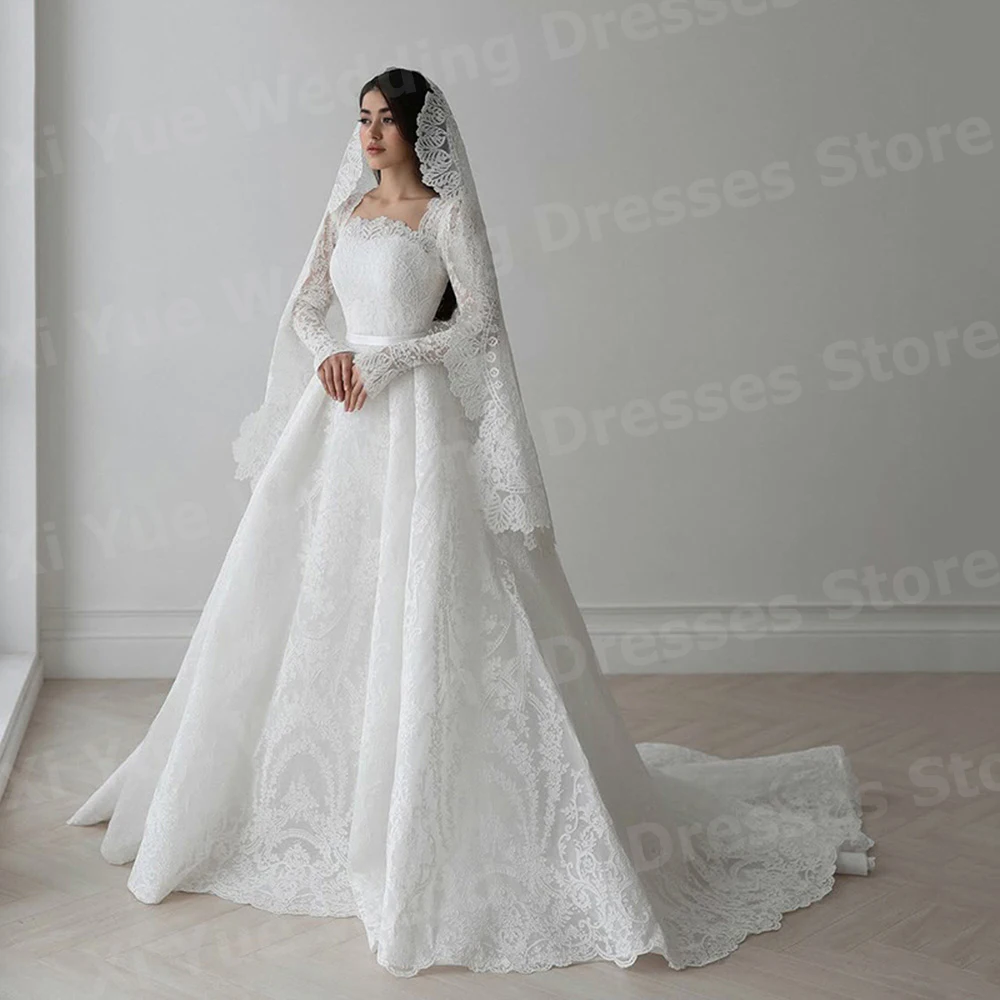 Charming A Line Women's Lace Appliques Wedding Dresses Elegant Bride Gowns Vestidos Customized Long Sleeve Vestido De Novia Boda image 3