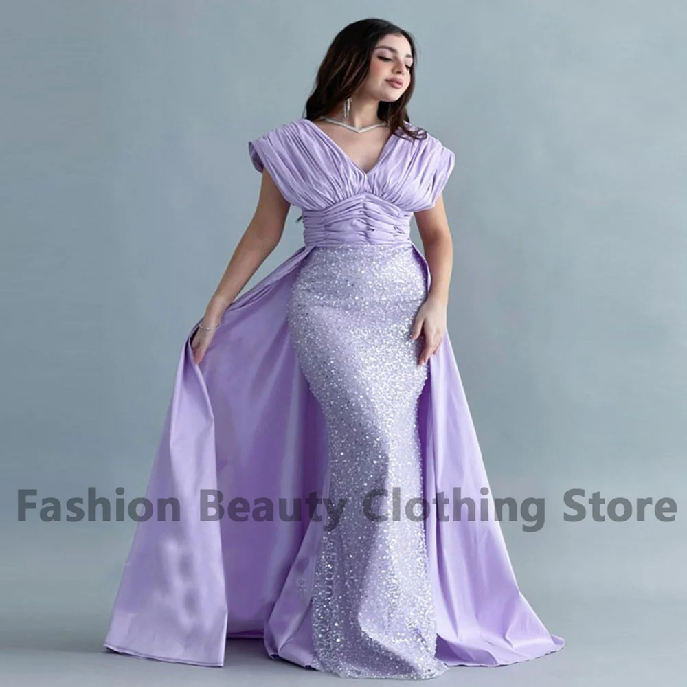 Mermaid Purple Evening Dress Draped Satin V-Neck With Beading Back Zipper Saudi Arabian Women's Vestidos Para Mujer Gala 2023