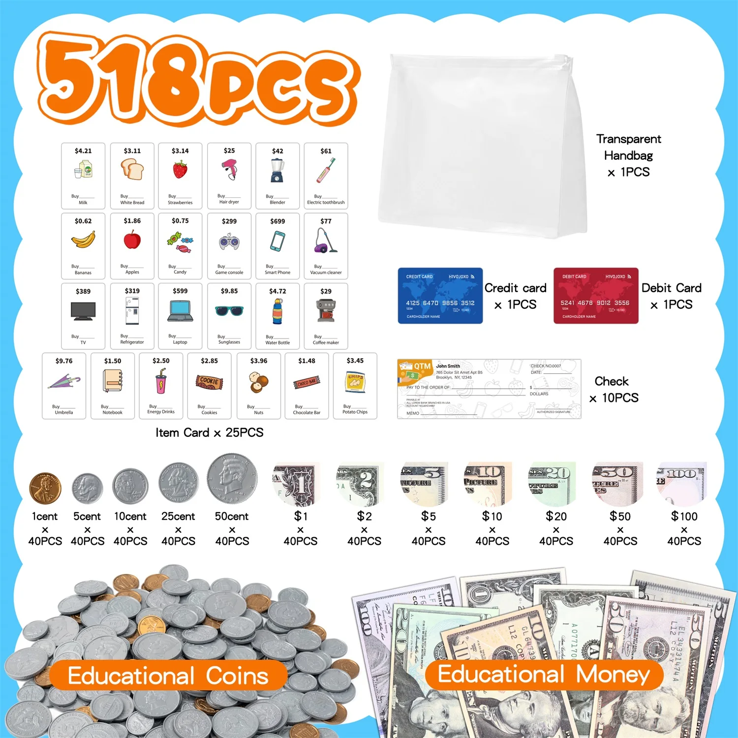 518pcs Counterfeit Money Set Back to School Suppllies Photo Props Children Cash Cognitive Training Math Classroom Teaching Aids