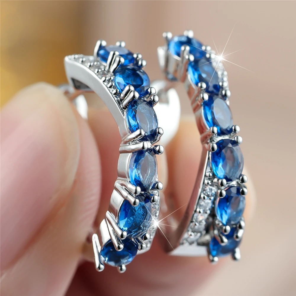 Elegante ovale Damen-Creolen mit blauem Zirkonstein, trendige Mode, silberfarbener Hochzeitsschmuck für Frauen