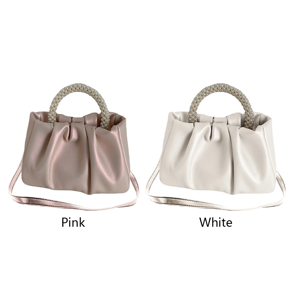 Mini bolsas de couro PU com alça de pérola para mulheres, bolsa para celular, Ruched, sólido, moda, bolsa de baile para meninas, festa, doce, senhoras