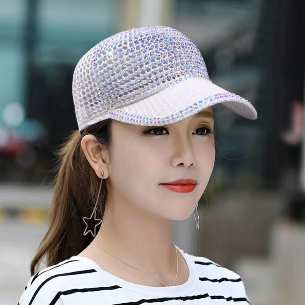 

Unisex Mesh Rhinestone Baseball Cap Breathable Sun Protection Woman Shiny Cap Adjustable Simple Duck Tongue Hat Party Wear