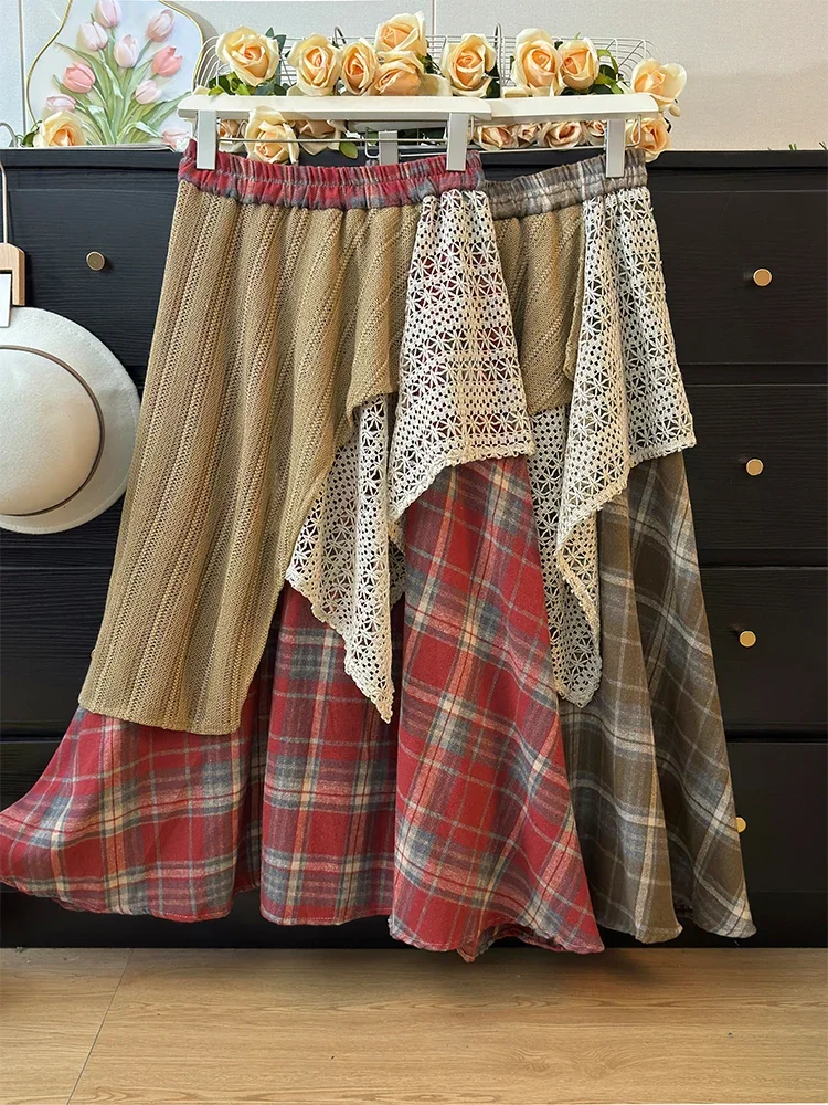 

Fashion Vintage Skirts High Waist Plaid Gauze Patchwork Irregular Contrast Color Skirt Casual Loose All Match Women's Clothing