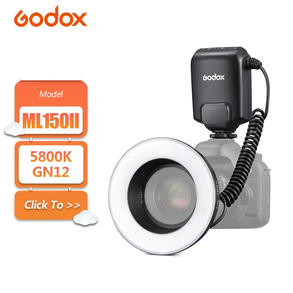 

Godox ML-150 II 5800K GN12 Macro Ring Flash Includes 8 Lens Adapter Rings 11 Power Steps Compatible with DSLR Hot Shoe Cameras