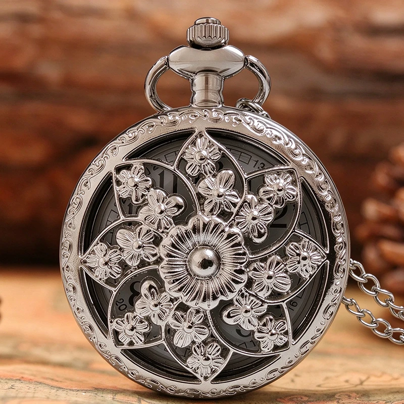 Silver Hollow Floral Pocket Watch Vintage Carved Flower Quartz Fob Watch With Chain Retro Pendant Necklace Women Gift