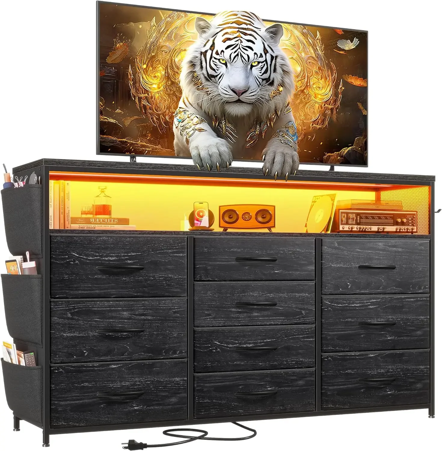 Dresser TV Stand with Drawers for TV Stand for Bedroom with LED Lights & Power Outlets Wide Dresser for Bedroom