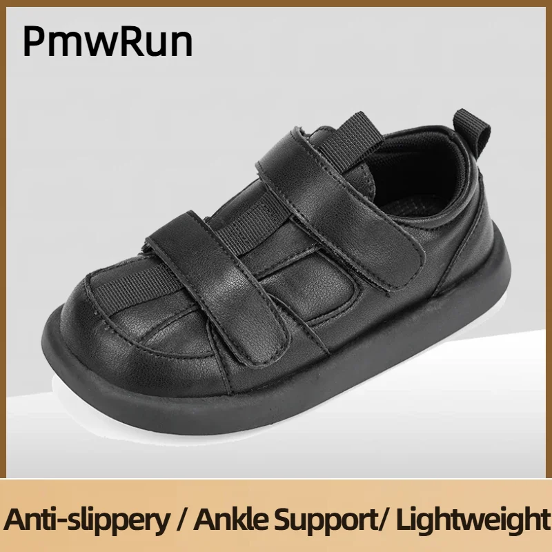 

Однотонные черные туфли для детей, водонепроницаемые детские кроссовки из искусственной кожи, нескользящая детская спортивная обувь, дизайнерская весенняя обувь