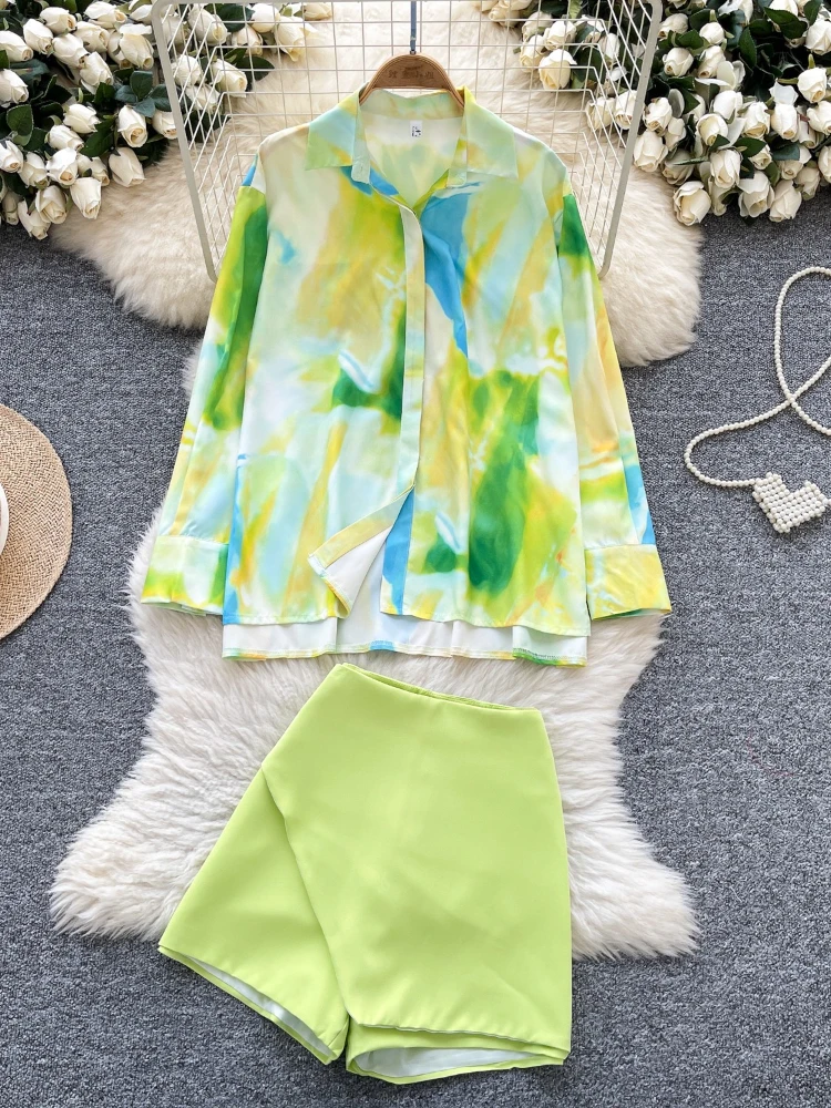 

Women Retro Elegant Loose Long Sleeve Polo Collar Single-Breasted Printed Shirt High Waist Shorts Fashion Two-Piece Set