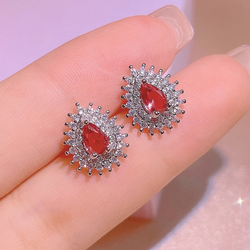 Water Drops ruby jewelry sets 925 sterling silver Shiny Suitable for Wedding Bridal three-piece earrings for women Ring Necklace