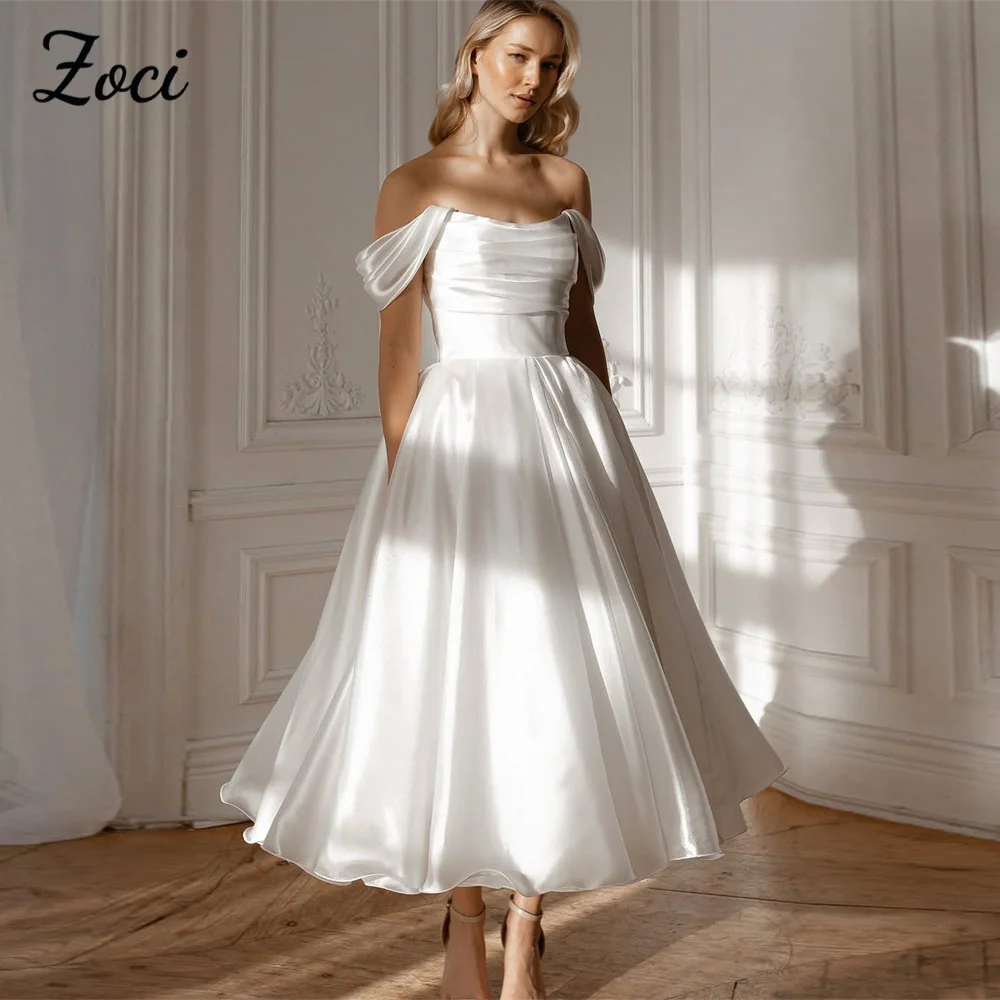 Zoci Luxury Off Shoulder Wedding Dresses Customized Pleat Strapless Tea Length Bride Dress Princess Draped Backless Bridal Gown