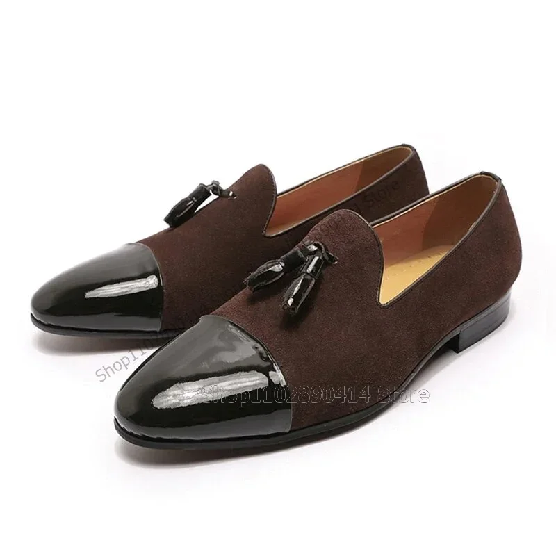 

Brown Black Patchwork Leather Tassels Decor Loafers Fashion Slip On Men Shoes Luxurious Handmade Party Office Men Casual Shoes