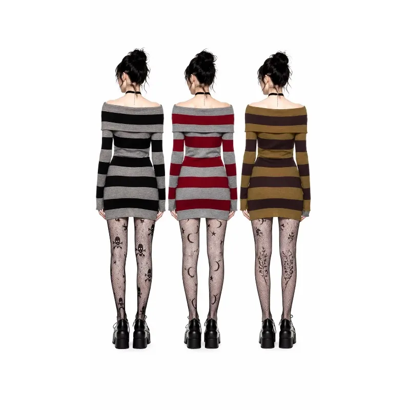 Women Gothic Y2K Off Shoulder Striped Knit Mini Dress, Long Sleeve Sweater Dress, Punk Grunge Aesthetic Party Club Outfits