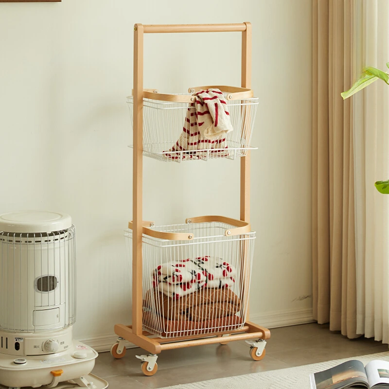 Floor Dirty Clothes Basket Bedroom Solid Wood Storage Hamper Multi Functional Coat Hanger Universal Pulley Clothing Organizer