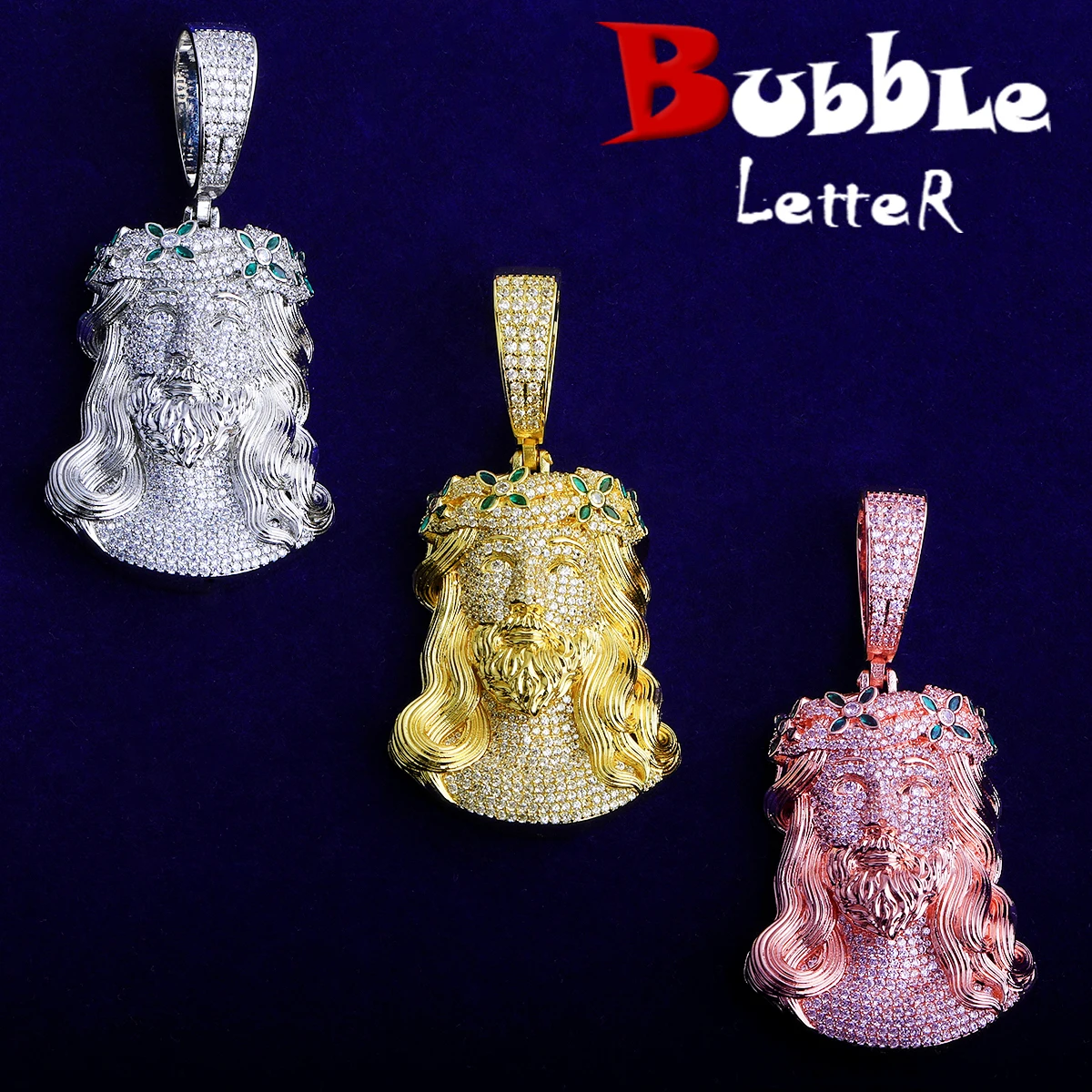 bubble-letter-iced-out-green-flower-jesus-necklace-pendant-for-men-5a-copper-cubic-zirconia-hip-hop-jewelry