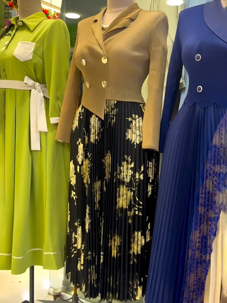 EGRM robe d'été plissée femme 2025 col de costume Chic et élégant pull chaud or imprimé robes de bal en liquidation vente 3R7152