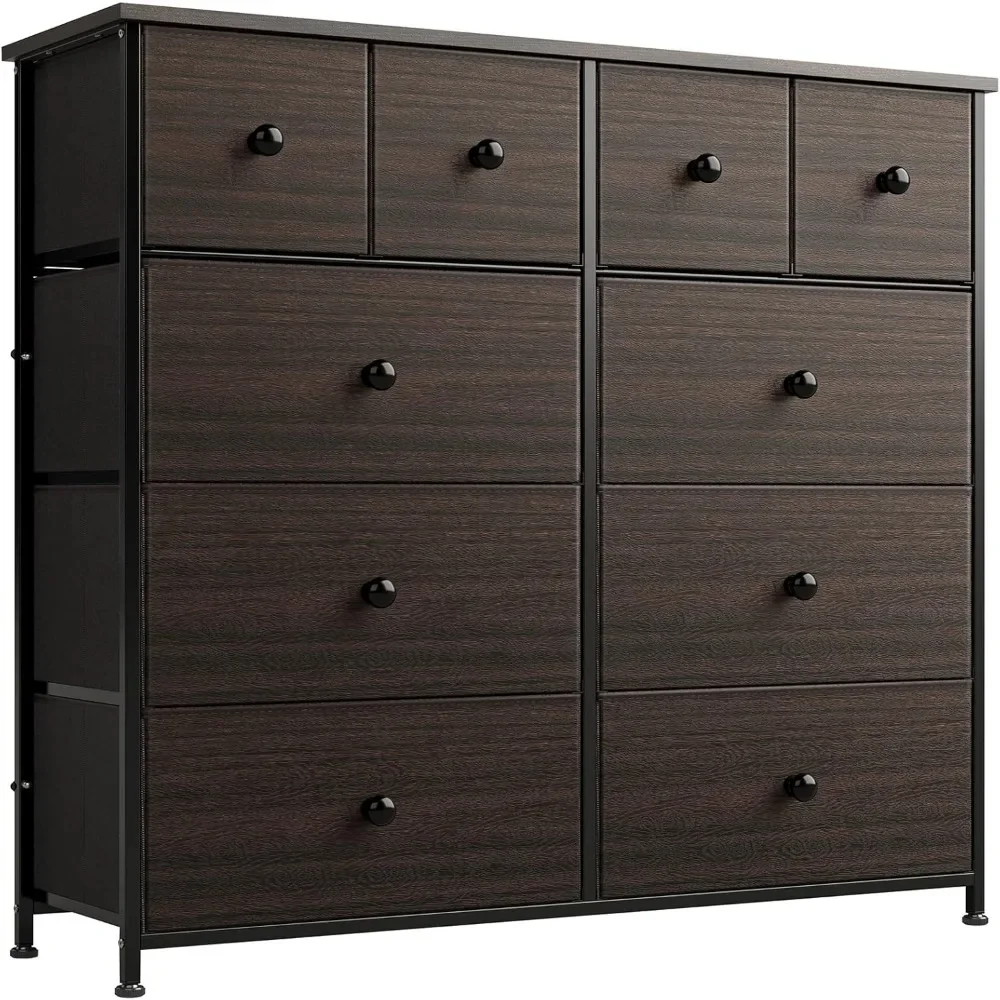 

10 Drawer Dresser for Bedroom Faux Leather Chest of Drawers Fabric Dresser with Wooden Top Storage Organizer Unit