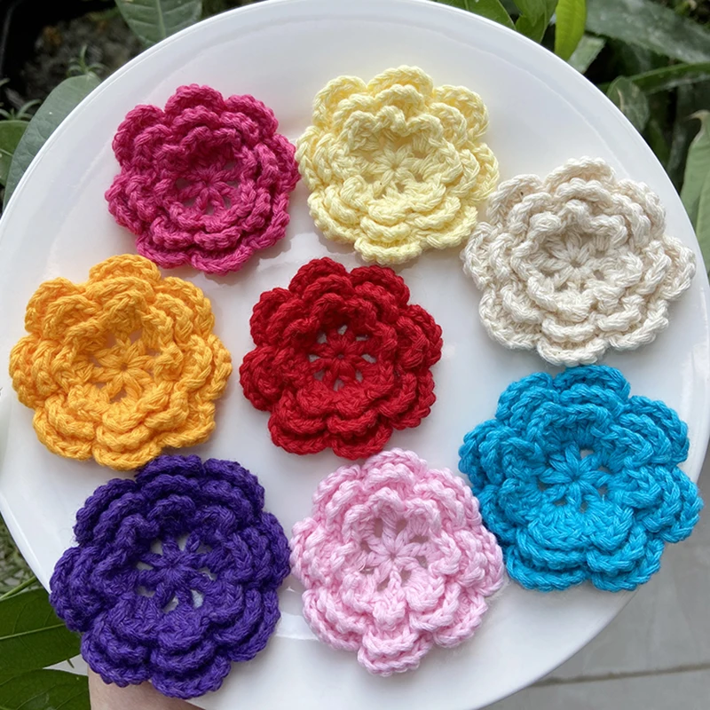 2Pcs Hand Knitting Crochet Flower Three Layer Multi Color Sewing Hat Clothing Cotton Fabric Mats DIY Craft Apparel Accessories