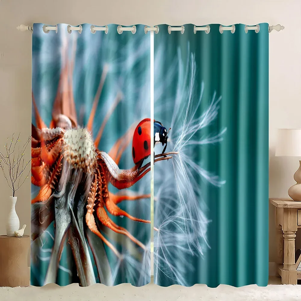 Ladybug Window Blackout Curtains,Ladybug Standing On Dandelion,Insect World Spider Ant Rod Pocket Curtains For Living Bedroom