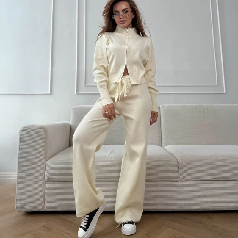 

TARUXY Double Zipper Knit Suit Women's Solid Slim Stand Collar Lace-Up Trousers 2-Piece Set Autumn Casual Commuter Wear Female