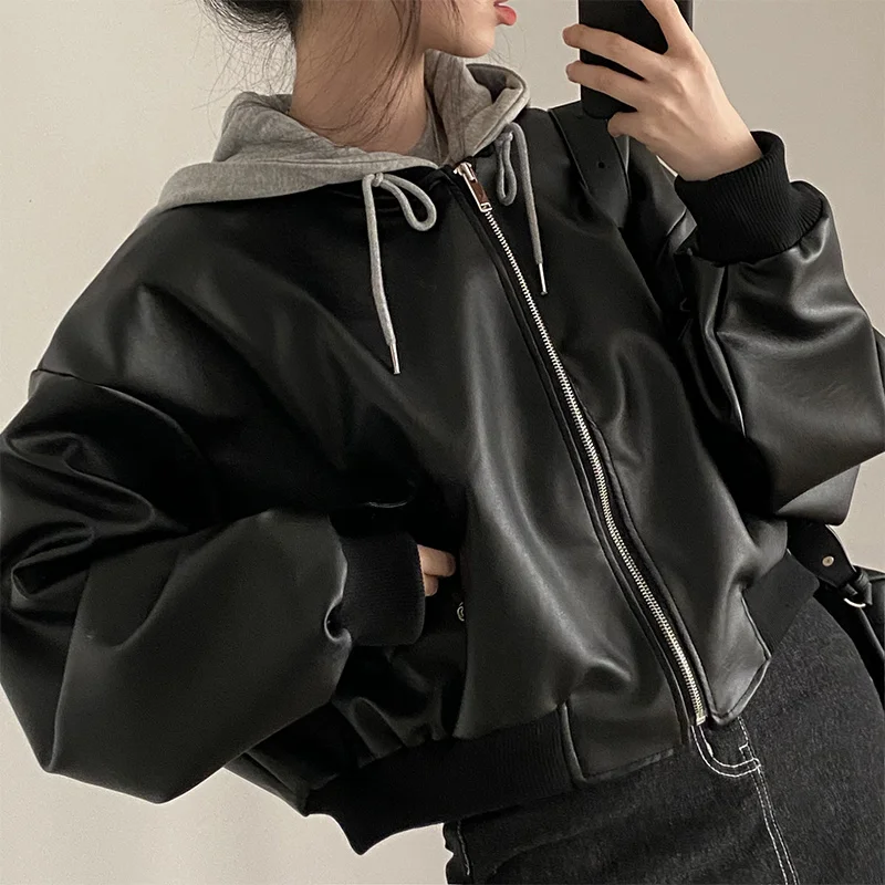 Black Fake Two Piece Patchwork Hooded Coats For Women Korean Casual Loose Jackets Female Long Sleeve Clothing