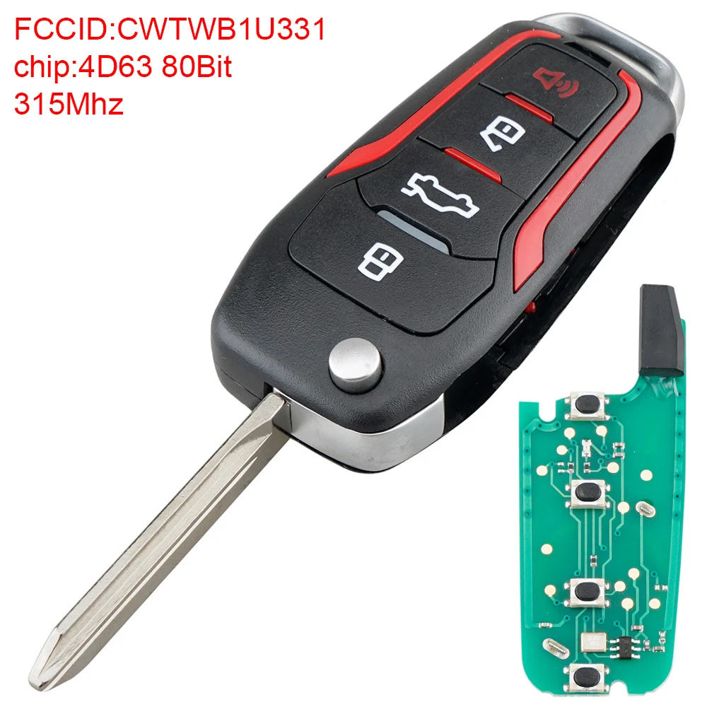 

315MHz 4 Buttons Car Remote Key Fob Shell Fit for Ford Edge Mustang Explorer 4D63 80Bit Chip CWTWB1U331 Upgraded Key Case Cover