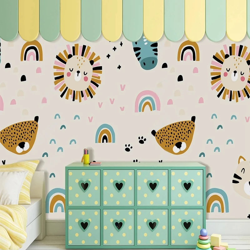 Custom Mural Cute Cartoon Animals Lions Rainbow Pattern Wallpaper for Children's Bedroom Decor Non-woven 3D Relief Wall Painting