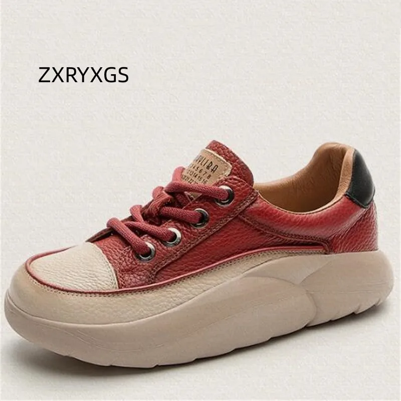 

ZXRYXGS Top Layer Cowhide Lace-up Spell Color Trend Sneakers 2023 Popular Light Thick Sole Comfort Casual Sneakers Women Shoes