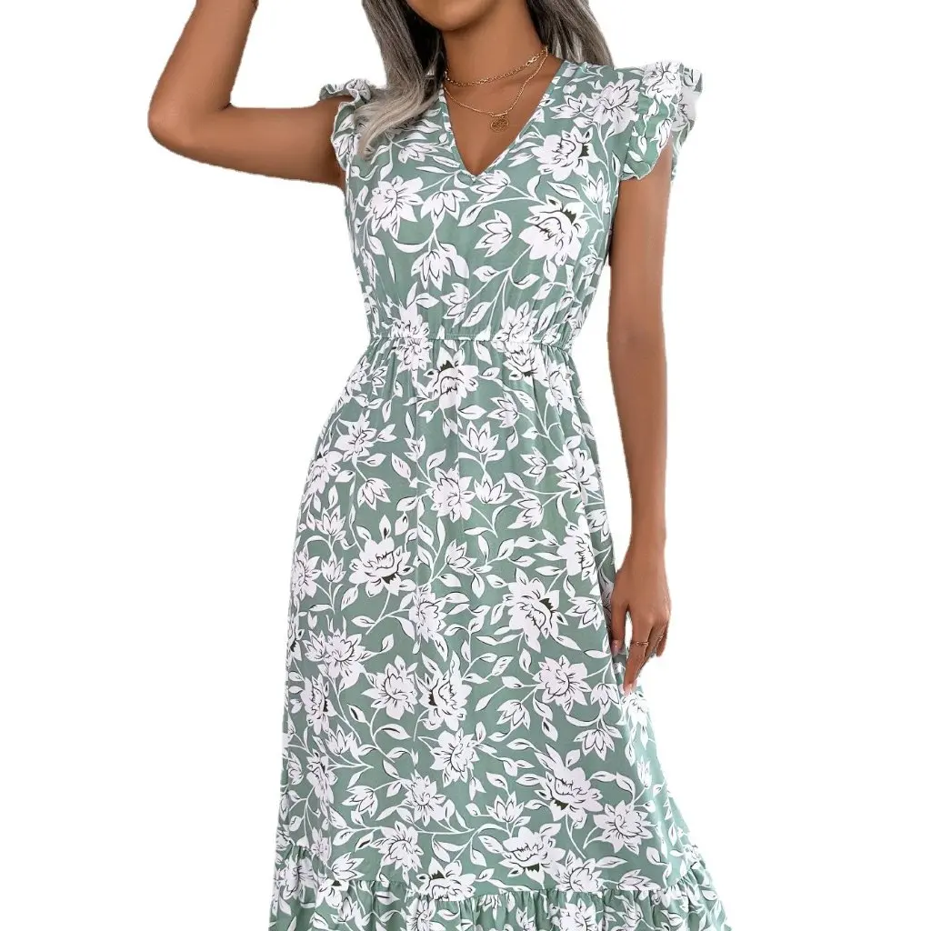Robe décontractée à taille florale pour femmes, détail de boutons en bois, vêtements de vacances à la mode pour printemps et été