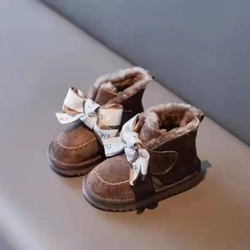 Girls Children Winter Snow Boots with Bow Tie Non-slip Comfort Short Boots Hook and Loop Slip on Kids High Top Padded Shoes