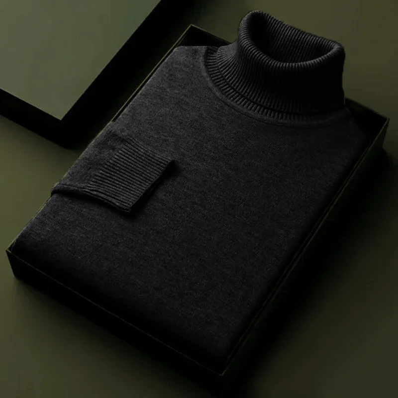 

Autumn Mens High Quality Knitted Turtleneck Sweater Winter Long Sleeve Breathable Pullover Large Solid Color Warm Streetwear