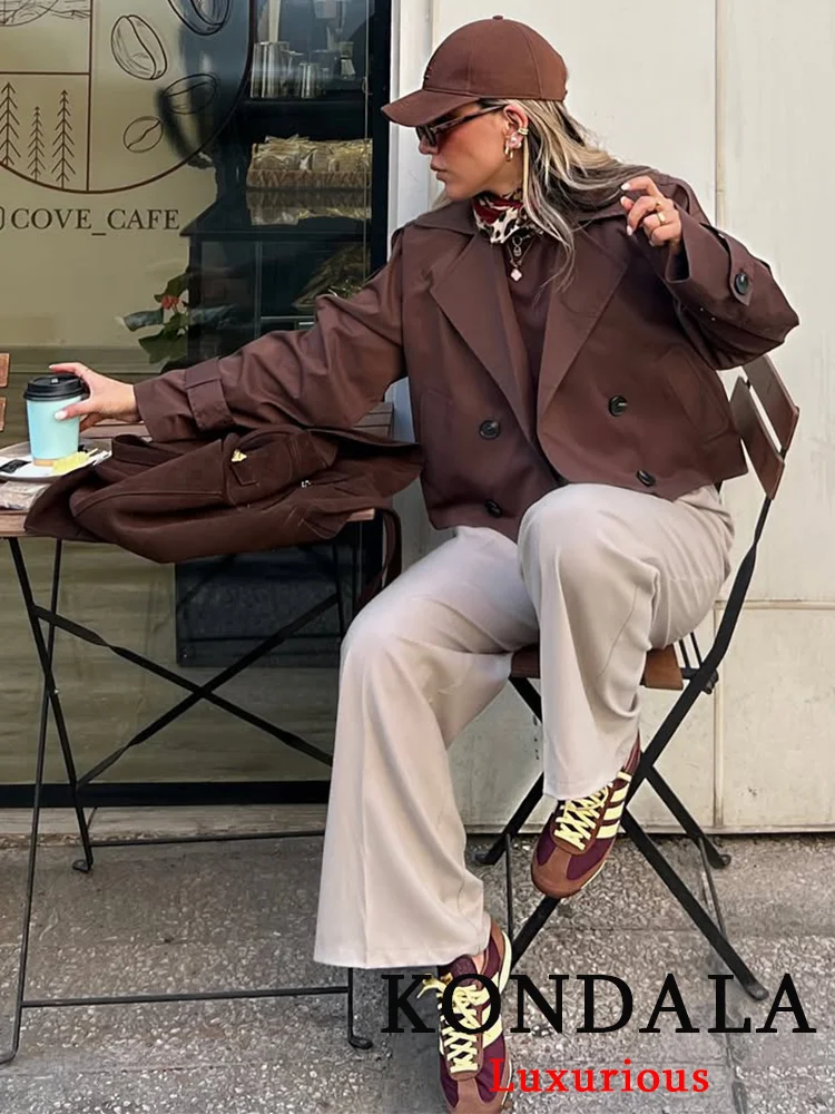 

KONDALA Vintage Casual Chic Women Jackets Solid Turn-down Collar Double Breasted Short Coats Fashion 2025 Autumn Female Outwears