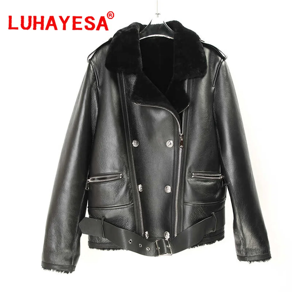 Luhayesa-Veste en peau de mouton mérinos pour femme, vêtements en peau de mouton, noir, cuir véritable, Australie, hiver, 2024