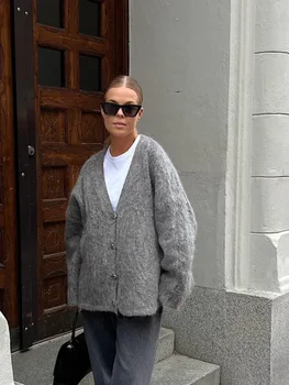 سترة موهير أحادية الصدر للنساء ، رقبة كبيرة الحجم على شكل حرف V ، أكمام طويلة ، معطف سويتر دافئ ، ملابس تريك خضراء أنيقة ، شارع عالي ، خريف ، جديد