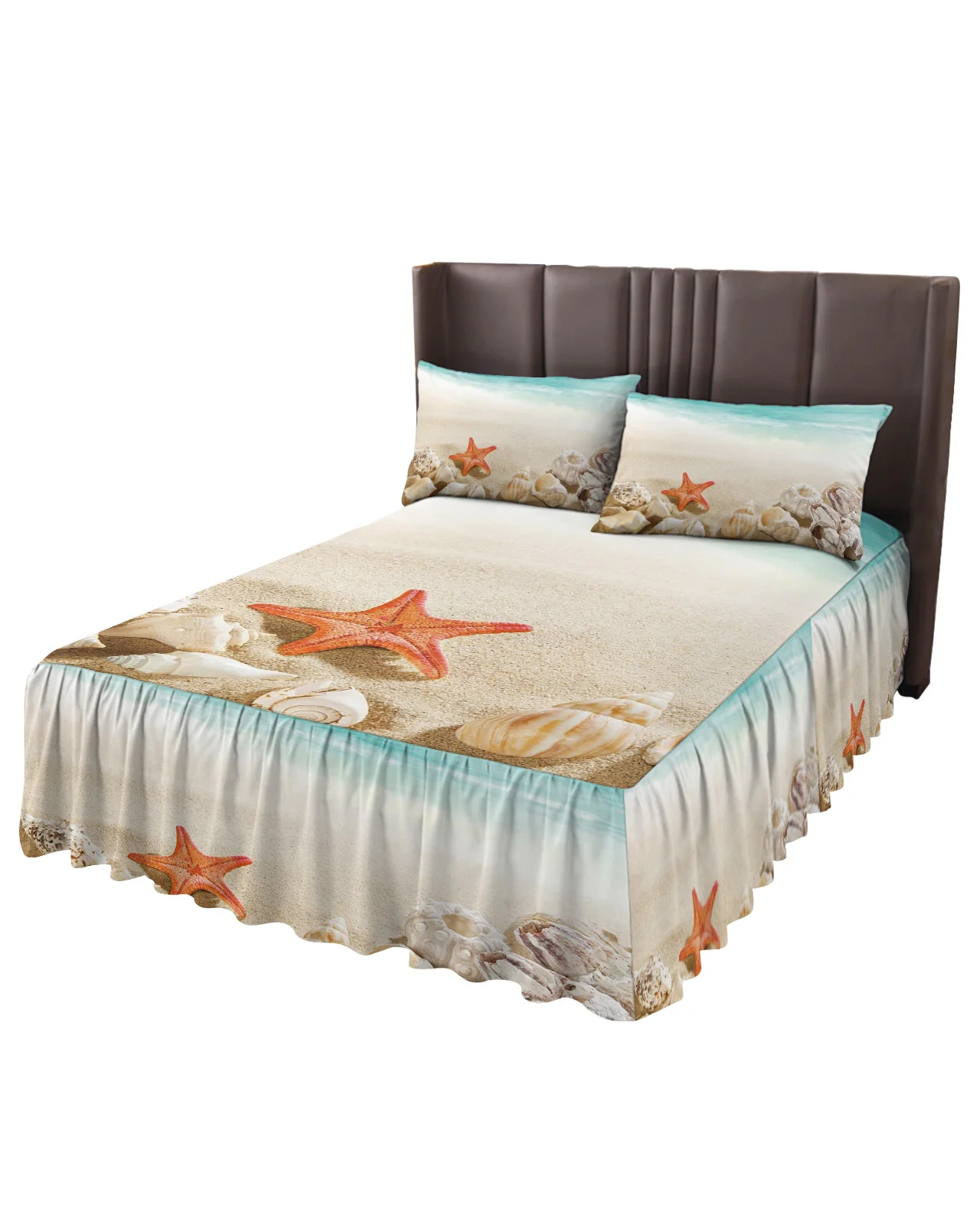 Ocean Beach Starfish Shell Bed Skirt Elastic Fitted Bedspread With Pillowcases Mattress Cover Bedding Set Bed Sheet