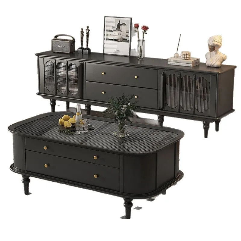

Cherry wood American solid wood retro coffee table combination light luxury French living room home coffee table TV cabinet