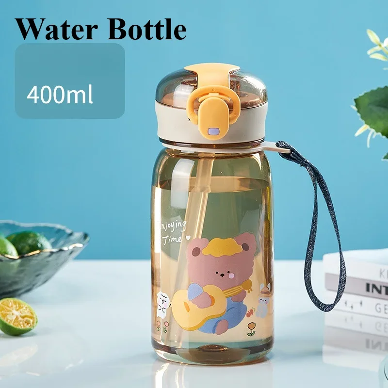 

Kawaii Water Bottle with Straw Rope Large Mouthed Sealed Lock Cup Small Bear Cartoon Pattern Outdoor Children Water Cup 400ML