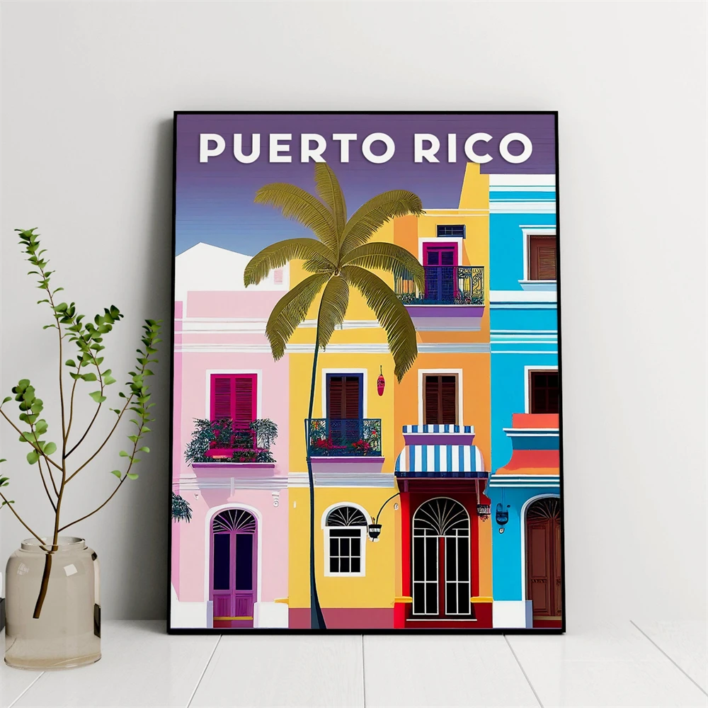 Póster de arte caribeño colorido con ilustración de Puerto Rico, paisaje nocturno de San Juan, cielo estrellado, decoración A