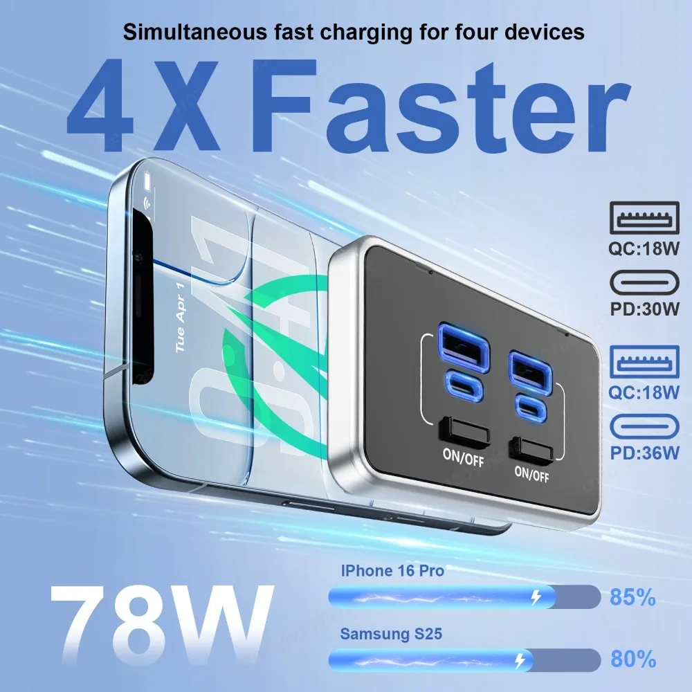 4-Port 12V RV USB Outlet Fast Charger Socket 78W Dual PD Type‑C & Dual QC3.0 Outlet Panel with Switch for Car Marine Bus Truck