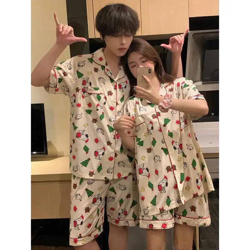 Kawaii Cute Snoopy Stitch Pajamas Summer Pure Cotton Collar Short Sleeved Shorts Set Couple Home Clothes Gifts Girlfriend Gifts