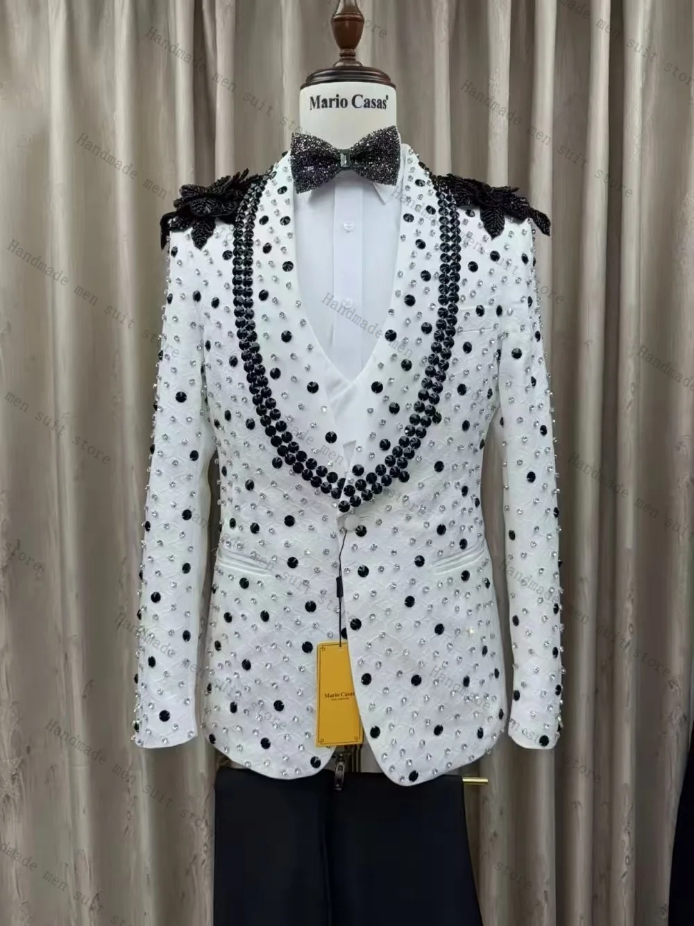 الأبيض الرجال البدلة مجموعة 2 قطعة بلورات السترة + السراويل السوداء الزفاف البدلات الرسمية معطف القطن مخصص مكتب الأعمال الرسمي سترة #1