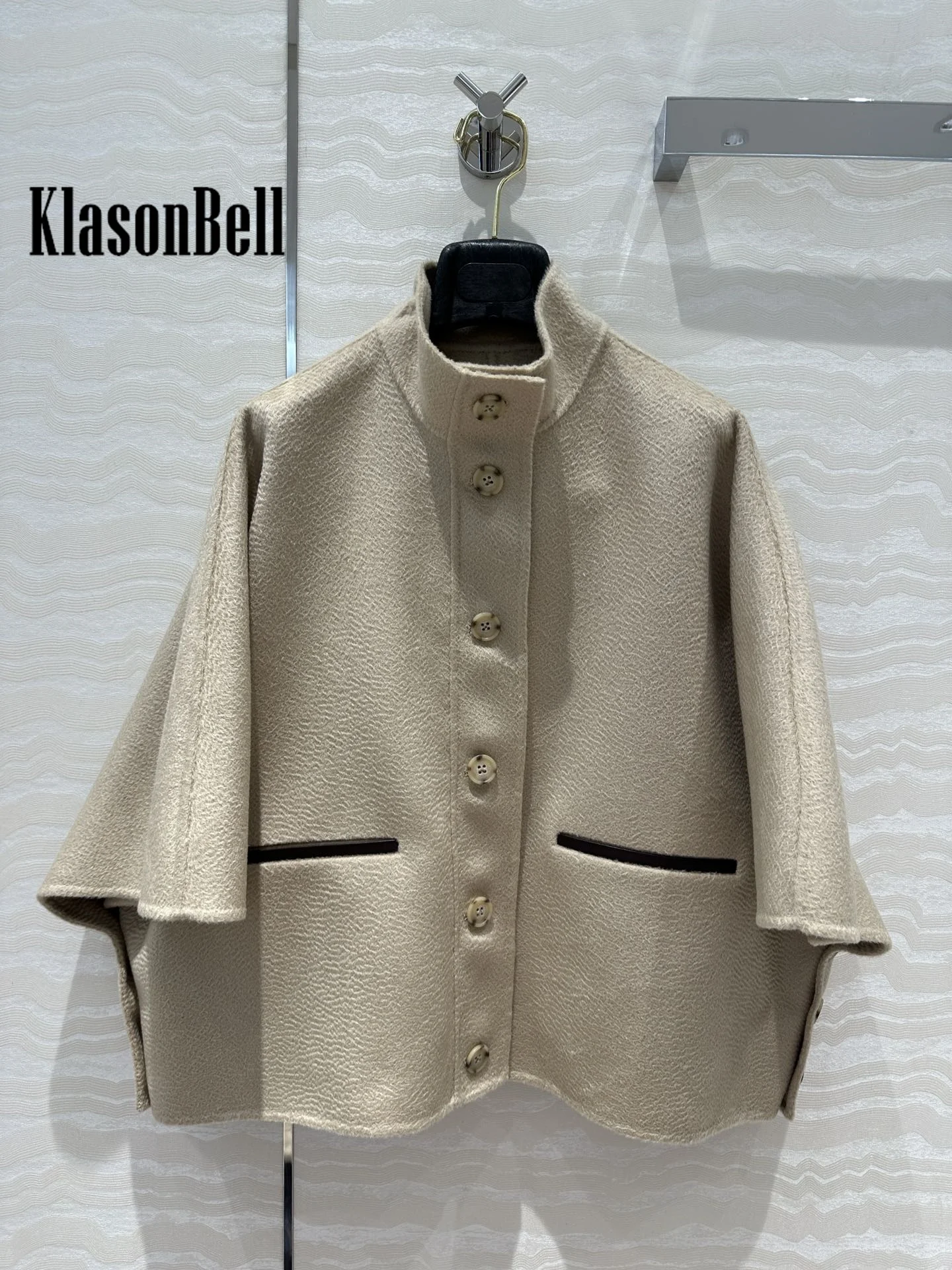 8.11 KlasonBell Women\'s Temperament Cashmere Wool Cloak Jacket Contrast Color Pocket Stand Collar Button Short Sleeve Coat