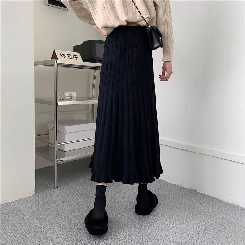 2025 السيدات موضة شيونغسام محبوك التنانير الطويلة الكورية المرأة عالية الخصر متماسكة ماكسي تنورة الخريف فام ألف خط كبير سوينغ تنورة #4