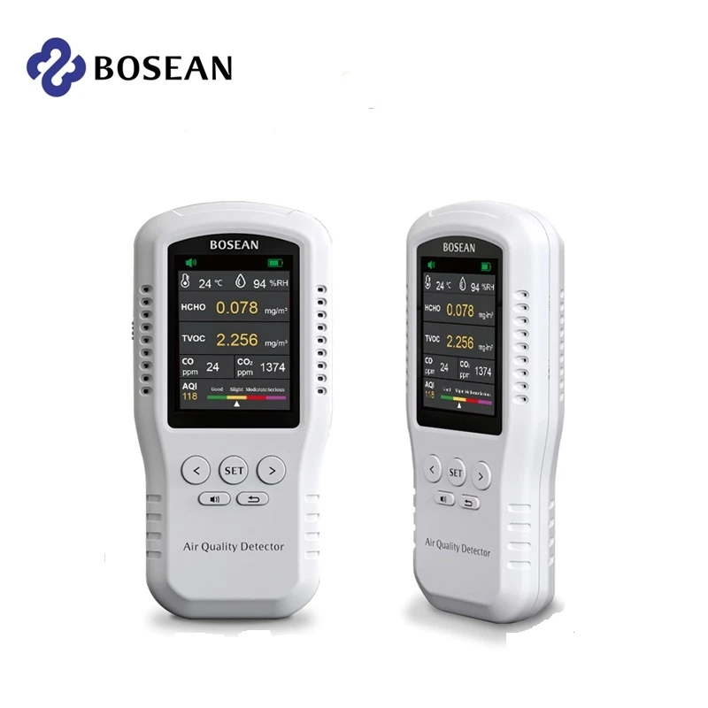 Bosean Air Quality Monitor CO2 CO PM2.5 HCHO TVOC Temperature Humidity Meter Home Air Quality Detector Real Sensor Voice Alarm